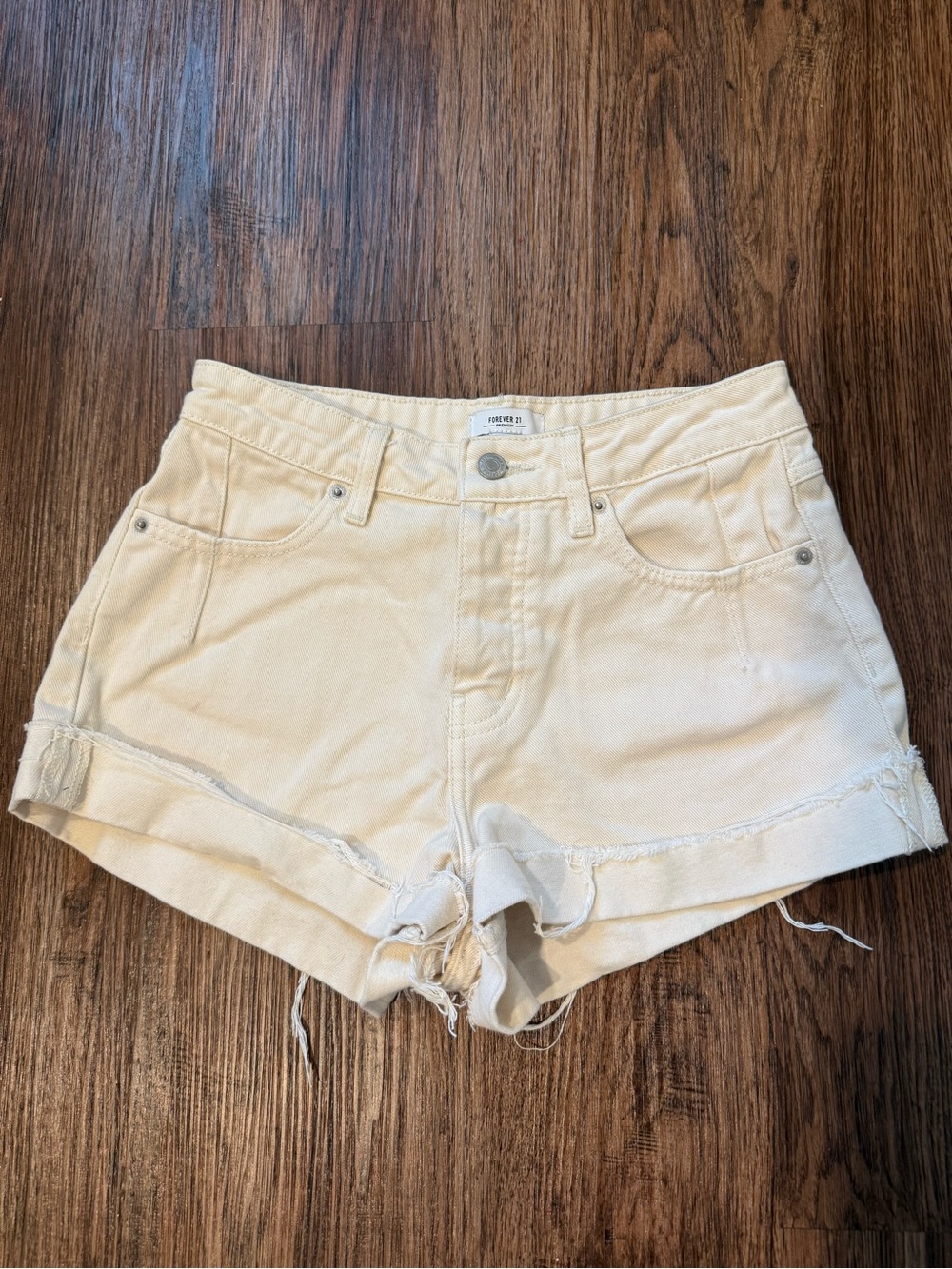 Forever 21 Cream Distressed High-Rise Denim Shorts